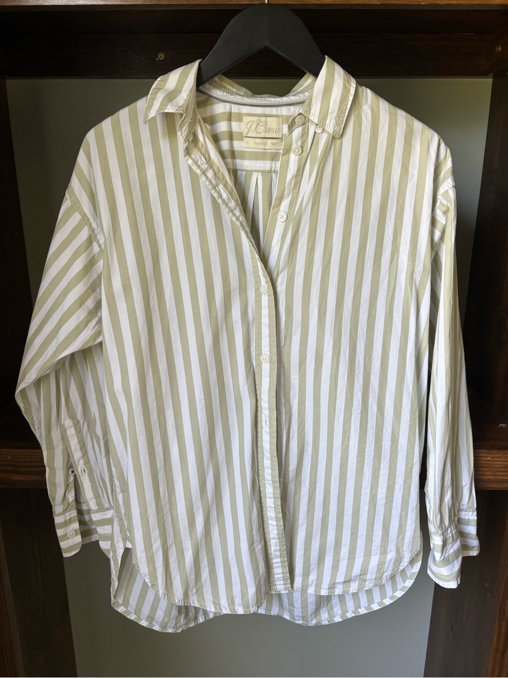 J. Crew Sage Green and White Vertical Stripe Button-Up Shirt